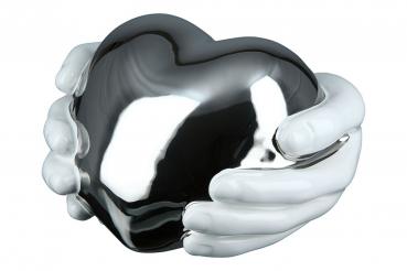 Skulptur "Herz in Händen" Weiß - Silber Hände um Herz