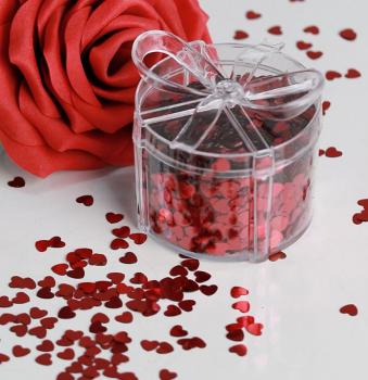 Streudeko Herzen aus Kunststoff rot 60 g in Klarsicht-Box mit Schleife