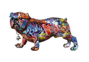 Mops Street Art stehend Graffiti, mit Halsband und Glocke Bulli