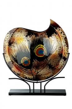 GlasArt Dekovase rund Peacock schwarz/braun/goldfarben, mit Pfauenfedern