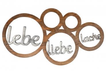 Wandobjekt Lebe,Liebe,Lache aus Mangoholz, Schrift aus Aluminium