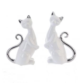 Figur Katze Milly Keramik weiß glasiert mit silbernem Schwanz und Ohren