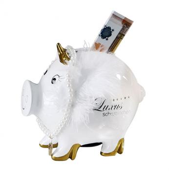 Sparschwein Lady Pig Keramik weiß mit goldener Krone, Perlenkette etc.