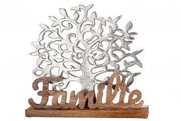 Lebensbaum Familie Silberfarben / Natur Schriftzug und Base Mangoholz 41cm