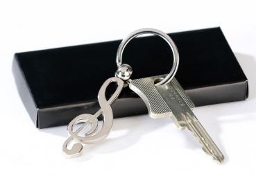 Schlüsselanhänger Notenschlüssel aus Metall silber mit Schlüsselring L 9cm