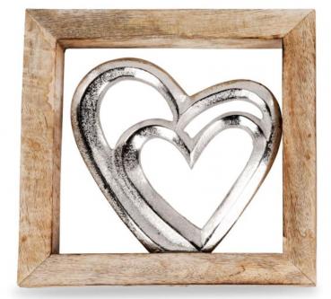 Wandbild Herz 20x 20cm aus Aluminium und massivem Mangoholz-Rahmen