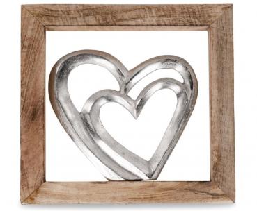 Wandbild Herz 30 x 30cm aus Aluminium und massivem Mangoholz-Rahmen
