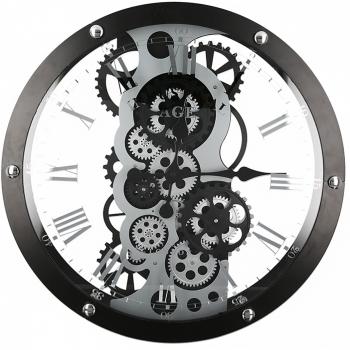 Wanduhr Industry Metall Glas schwarz silberfarben m sich bewegenden Rädern