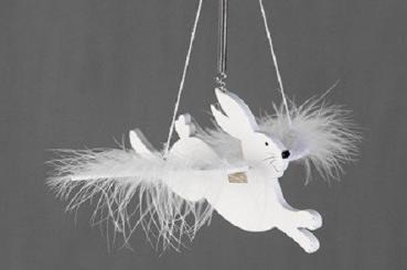 Flying Rabbit aus Holz weiß mit Federflügeln 18cm