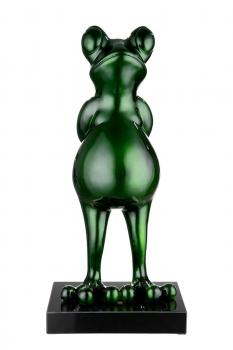 Skulptur Frosch Quarz-Polystone grün Metallic auf schwarzem Marmor-Sockel