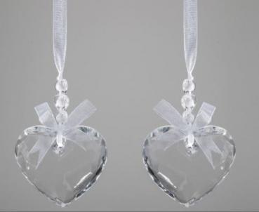 Hänger Paar Herz aus Acryl 6cm mit Perlen an weissem Satinband