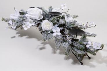 Kerzenhalter 4er mit weißen Blumen Schnee 96cm Advent Kranz Adventskranz