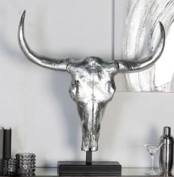 Skulptur Büffel aus Poly Holz Metall Antik Silber Schwarz Breite 70cm