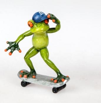 Frosch Skater hellgrün 15cm aus Kunststein mit witzigen Details