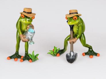 Frosch Paar Gärtner hellgrün 15cm aus Kunststein mit witzigen Details