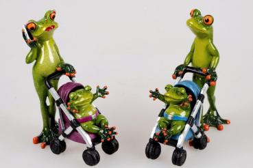 Frosch mit Buggy + Baby 17cm Deko-Figur Kunststein gefertigt Stückpreis