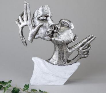Skulptur Deko Objekt Masken 36cm weiß silber auf Sockel aus Kunststein
