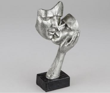 Skulptur Objekt Masken 30cm schwarz Silber auf Sockel aus Kunststein
