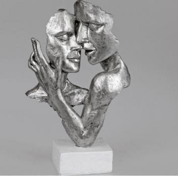 Skulptur Büste Paar auf Sockel weiß silber aus Kunststein 19x32cm