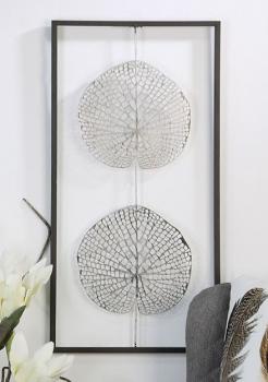 Wand-Deko Leafs aus Metall antik silber mit 2 Blättern in braunem Rahmen