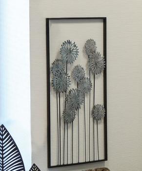 Wand-Deko Flowers dunkelbrauner Rahmen Blätter silber Metall 62 x 31 cm