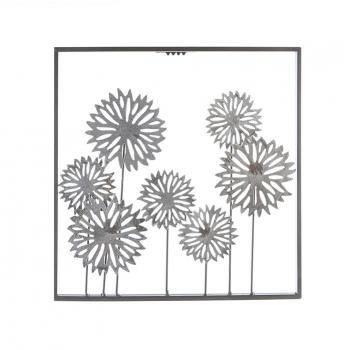 Wand-Deko Flowers dunkelbrauner Rahmen Blätter silber Metall 30 x 30 cm