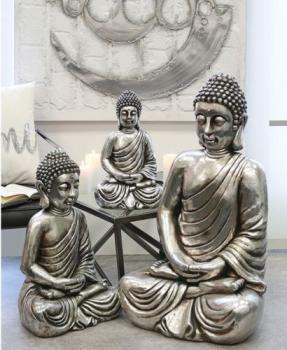 Skulptur sitzend Buddha Poly antik silber auch Outdoor geeignet Höhe 90cm