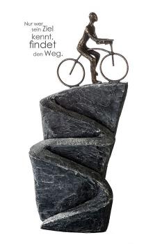 Skulptur Aufwärts Poly bronzefarbe Figur auf Fahrrad Basis silber antik