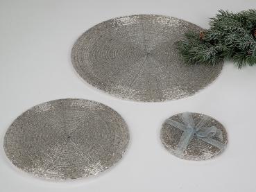 Untersetzer Platzset rund aus Perlen Hand gefertigt Größe 20cm silber