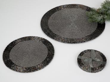 Untersetzer Platzset rund aus Perlen Hand gefertigt 20cm schwarz-silber