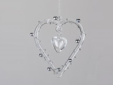 Glashänger Herz mit Perlengirlande 10cm aus klarem Glas gefertigt