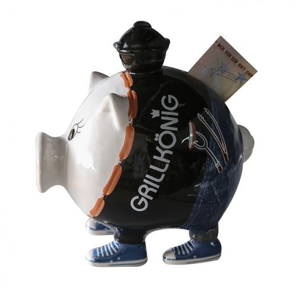 Sparschwein Grillkönig Keramik weiß schwarz blau Schwein mit Grill