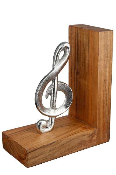 Buchstützen Set "Musik" braun aus Akazienholz, Note/Notenschlüssel aus Alu