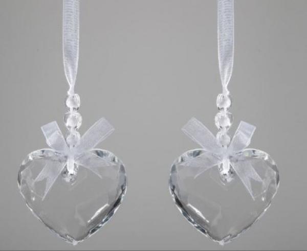 Hänger Paar Herz aus Acryl 6cm mit Perlen an weissem Satinband