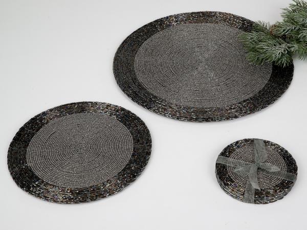 Untersetzer Platzset rund aus Perlen Hand gefertigt 10cm schwarz-silber